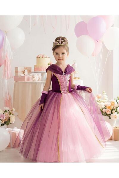 BUTİKHAPPYKİDS Kız Çocuk Kostüm Rapunzel Mor Düşük Omuz Detaylı Kasnaklı Kaba...