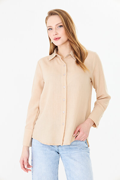 Sortie Γυναικείο πουκάμισο λινό σε μπεζ χρώμα, μακρυμάνικο, χαλαρό κούφωμα, μ...