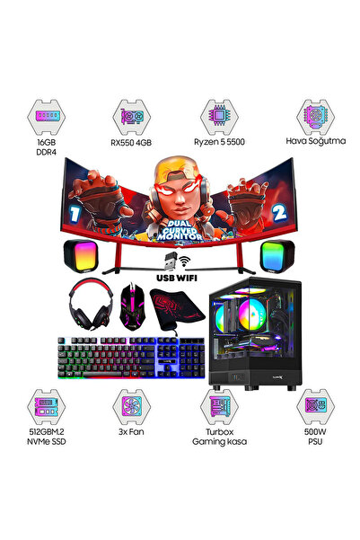 TURBOX Tx4010 Ryzen 5 5500 16GB DDR4 512GB NVMe 4GB RX550 GDDR5 23.6 75Hz DUA...