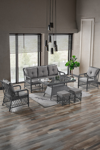 Evdemo Edra Rattan Puflu Bahçe Balkon Takımı 3+1+1+Camlı Masa Gri
