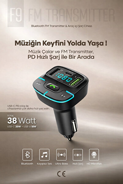 Etiget F9 Bluetooth FM Transmitter & Araç İçi Şarj Cihazı | 38W PD | Ultra Ba...