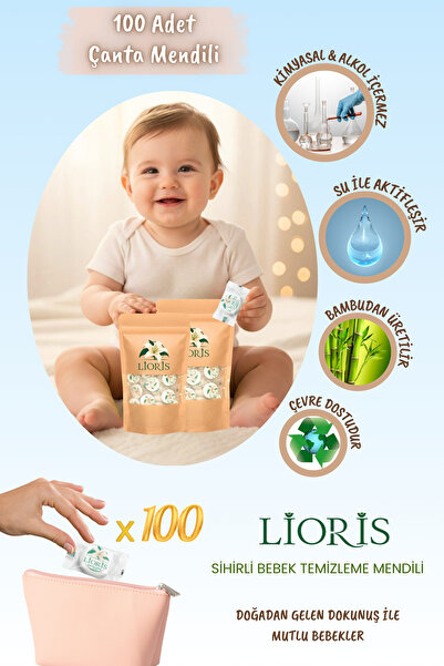 LİORİS Sıkıştırılmış Doğal Alkolsüz Parfümsüz Bebek Mendili - 100 Adet Tekli ...