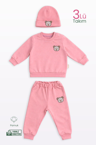 Lamonde Trening unisex brodat cu ursuleț de pluș, 3 piese, Beretă 2-3-4-5 ani