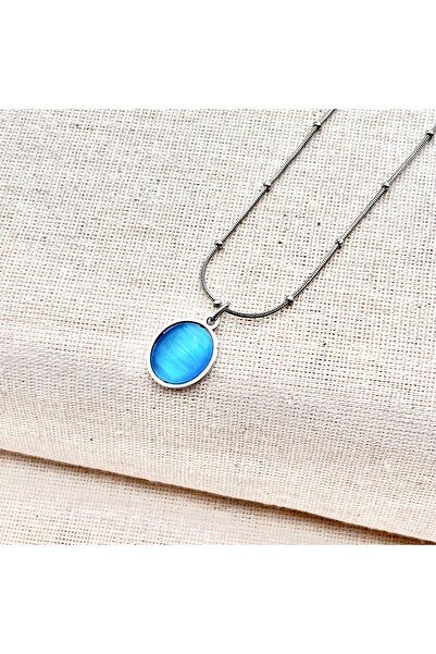 Siya Silver Non-Tarnish Steel Blue Pearlescent Enamel Oval Necklace