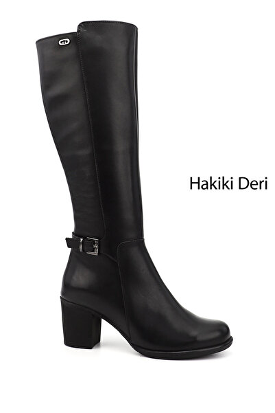 GÖNDERİ(R) Kadın Siyah Fermuarlı Kalın Topuklu Hakiki Deri Çizme