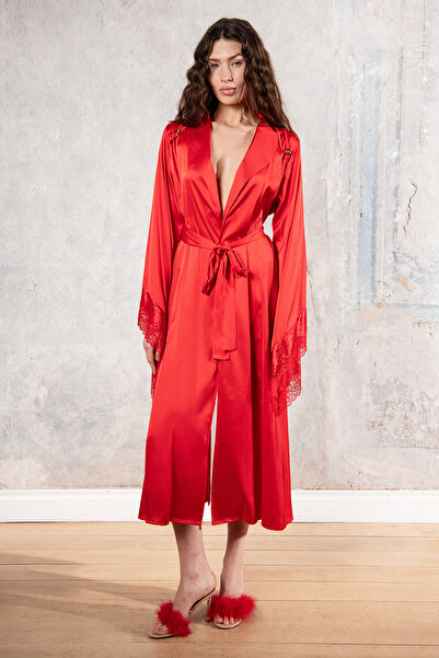 Feu De Elu Rochie de toaletă lungă din satin din dantelă roșie eclatantă / ki...