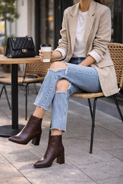 Modabuymus Дамски ботуши Kairobi с дебел ток и остър връх, тъмнокафяви