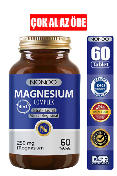 Nondo Magnezyum Kompleks 60 Tablet 250 mg 4 Form, Sitrat, Taurat, Malat, Bisg...