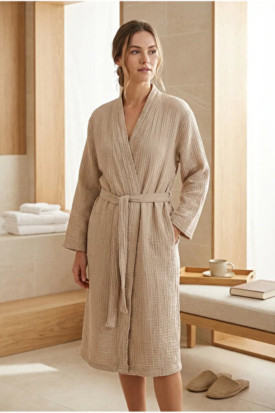 Lucy and Home Unisex Ecru 4 Layer Muslin Dressing Gown / Bathrobe / Kimono