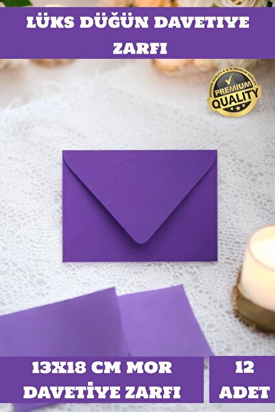 İstisna 12 Adet 13x18 Cm Mor Zarf Davetiye Lüks Tebrik Kartı Mektup Mühür Cüz...