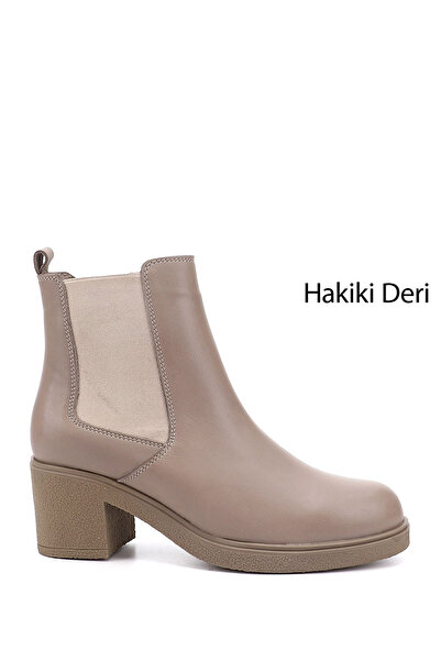 GÖNDERİ(R) Kadın Bej Fermuarlı Kalın Topuklu Hakiki Deri Chelsea Bot