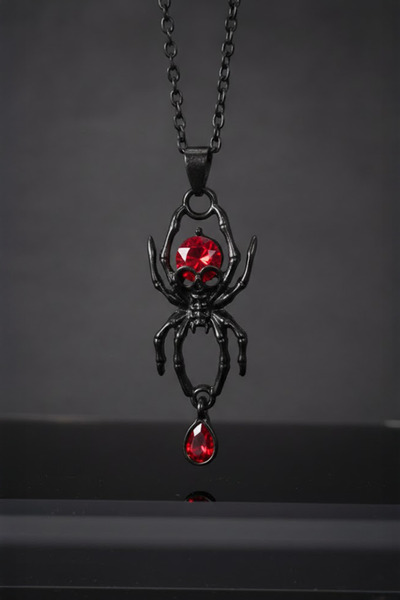 Karakedi قلادة عنكبوت قوطية من الحجر الأسود والأحمر