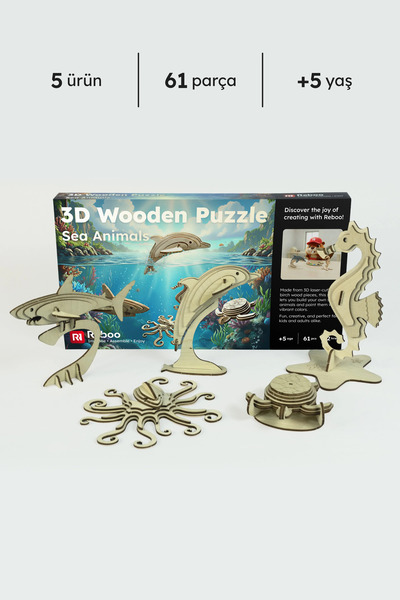 Reboo 5'li 3D Ahşap Puzzle Deniz Hayvanları Boyama Seti Hediyeli Eğitici Oyun...