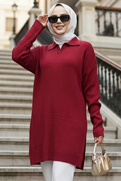 N.S NEVA STYLE Fitilli Bordo Tesettür Triko Tunik 65903BR