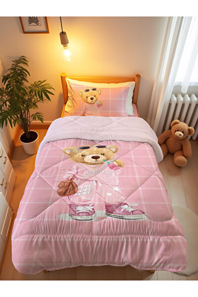 Evmila Pătură matlasată cu două fețe, roz, cu model ursuleț de pluș, set de d...