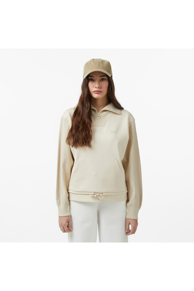 Lacoste Kadın Relaxed Fit Yarım Fermuarlı Krem Sweatshirt