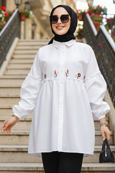 Neva Style تونيك حجاب أبيض بنمط التطريز 40603B