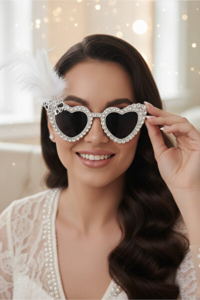 Happyline Beyaz Janjanlı Tüylü Kalpli Gelin Gözlük, Doğum Günü, Gözlük Bride,...