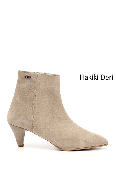 GÖNDERİ(R) Kadın Bej Süet Fermuarlı Sivri Burun Hakiki Deri Bot