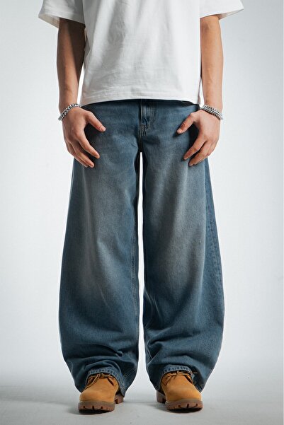 GRJ denim Drift Eskitme Wide Leg Super Baggy Mavi Erkek Jean Pantolon