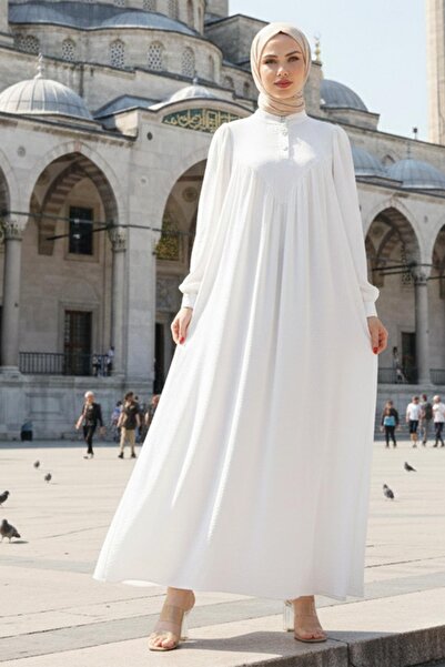 hafsamina فستان إيفا حجاب بأزرار أمامية أبيض HM2757