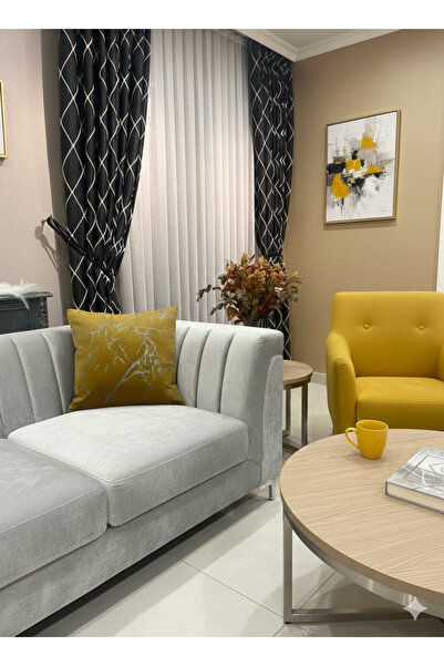 Brillant 2'li Kadife Kırlent Yastık Kılıfı Hardal-Gümüş Varaklı (45X45)