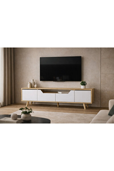 VM VERTEX MOBİLYA Roma Ahşap Ayaklı Tv Ünitesi Tv Sehpası Safir Meşe - Beyaz