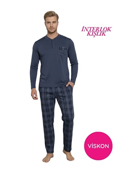 ALİMER Ανδρικό σετ πιτζάμες με μακρυμάνικο ύφασμα βισκόζης με 3 κουμπιά, καρό...