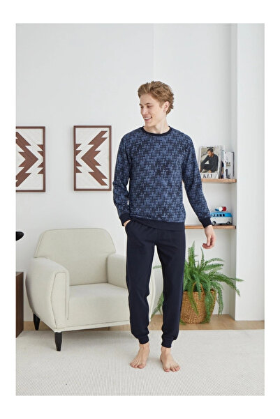 KLY Ανδρικό μακρυμάνικο κοστούμι πιτζάμα O.Yaka 8041-Indigo