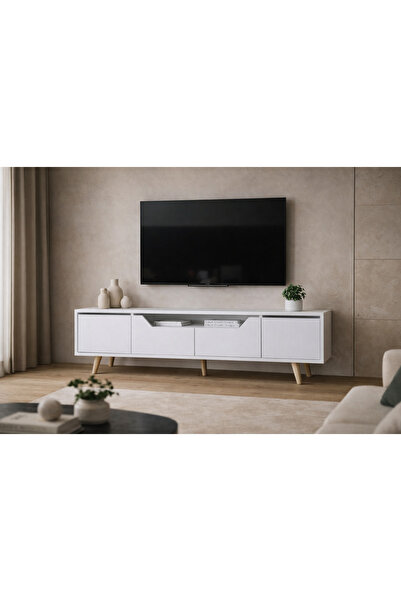 VM VERTEX MOBİLYA Roma Ahşap Ayaklı Tv Ünitesi Tv Sehpası Beyaz