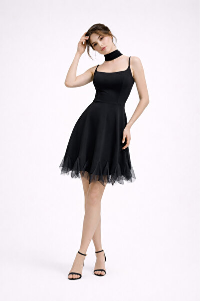 HOX'S Katniss | İnce Askılı Mini Kloş Mezuniyet Elbisesi - Siyah