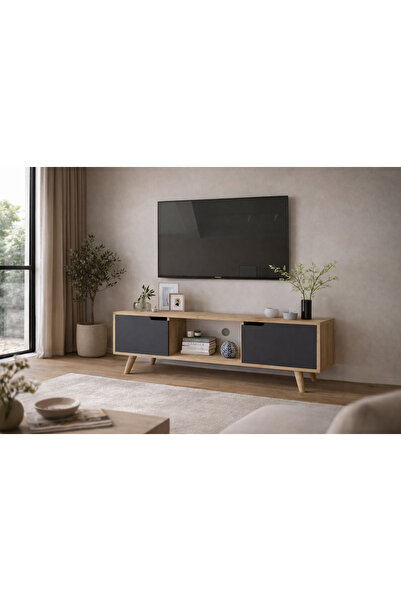 VM VERTEX MOBİLYA Siena Ahşap Ayaklı Tv Ünitesi Safir Meşe-antrasit Televizyo...