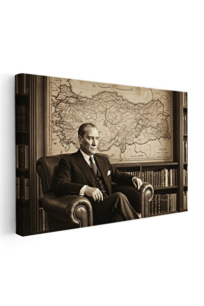 Tablofest Yatay Kanvas Tablo Kütüphanede Atatürk ve Türkiye Haritası Ev Ofis ...