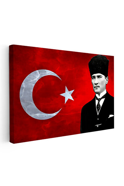 Tablofest Yatay Kanvas Tablo Atatürk Kalpaklı Bayrak Dokusu Atatürk Tablosu E...