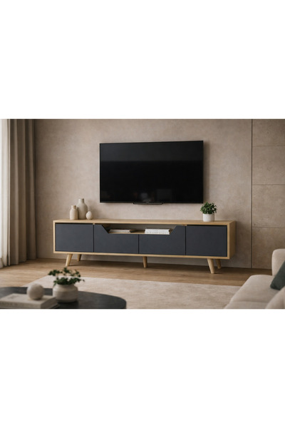 VM VERTEX MOBİLYA Roma Ahşap Ayaklı Tv Ünitesi Tv Sehpası Safir Meşe - Antrasit