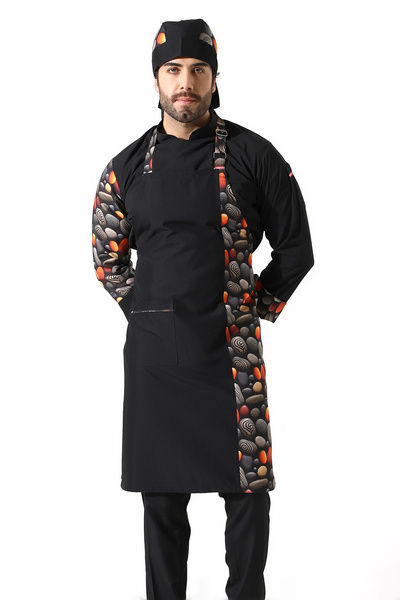 Bilenn Tekstil Apron with Straps Pattern Paneled Black Pebble Stone