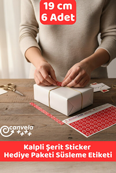 İstisna 6 Adet 19 Cm Kalpli Şerit Sticker Seti Hediye Paketi Süsleme Etiketi