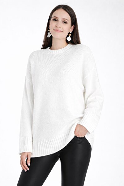 İLKCET MODA Oversize Basic Beyaz Uzun Kadın Kazak