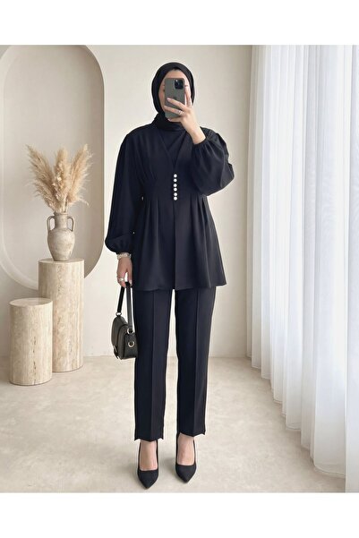 Modamorfo Stoned Buttoned Elastic Sleeve Double Trouser Suit - Black