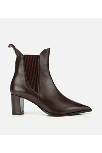 Hotiç Kadın Deri Kahverengi Sivri Burunlu Streç Detaylı Bilekte Topuklu Bot