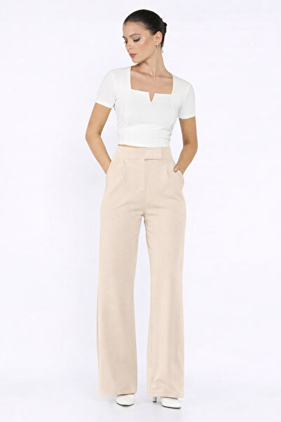 Ramior Women's Light Beige Velcro Waist Detailed Palazzo Fabric Trousers