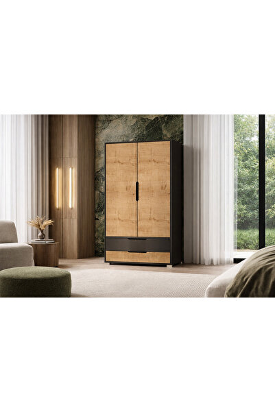 VM VERTEX MOBİLYA Flora 2 Kapaklı 2 Çekmeceli Gardırop Antrasit - Safir Meşe ...