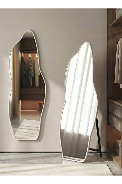 Taimi مرآة كبيرة بتصميم أنيق، مقاس 165×60 سم، بإطار معدني أبيض وحامل