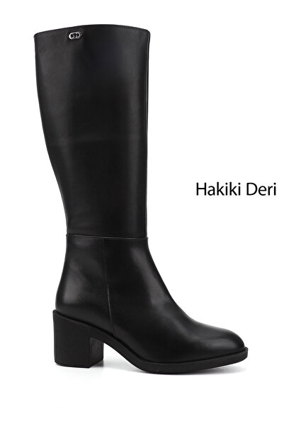 GÖNDERİ(R) Kadın Siyah Fermuarlı Kalın Topuklu Hakiki Deri Çizme