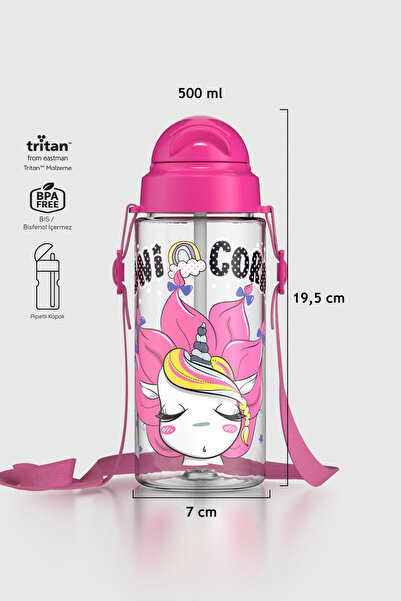 Renga Migo Desenli 500 ml Askılı Pipetli Tritan Çocuk Matara 912008 Pembe