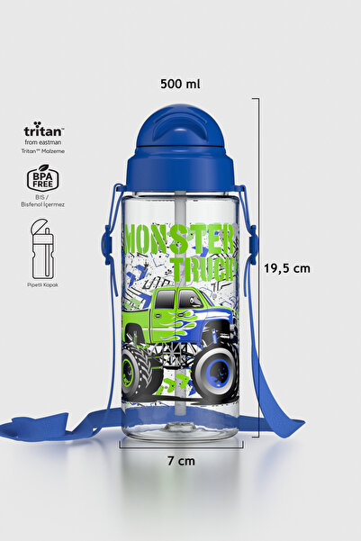 Renga Migo Desenli 500 ml Askılı Pipetli Tritan Çocuk Matara 912008 Mavi