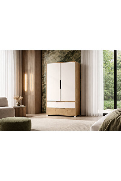 VM VERTEX MOBİLYA Flora 2 Kapaklı 2 Çekmeceli Gardırop Safir Meşe - Beyaz Elb...