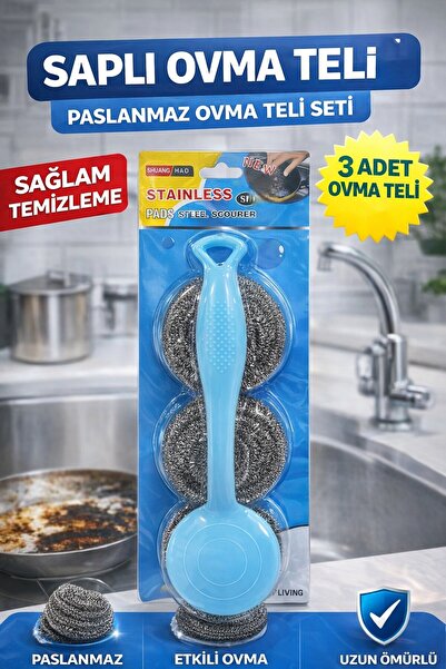 Padilon Stainless Steel Scrubbing Wire Set with Handle, Set of 3, Dishwashing...