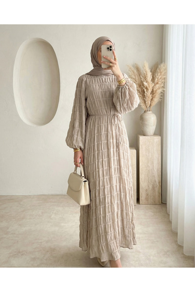 Modamorfo فستان مودال مبطن من الداخل بأكمام مطاطية - بيج