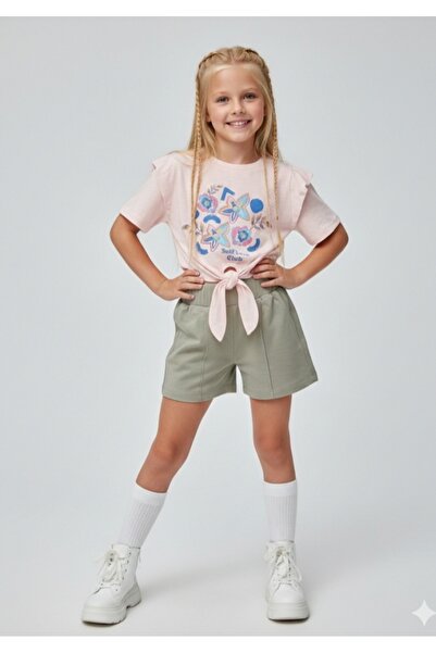 Çikoby Girl's Printed Tie-Up T-Shirt Elastic Waist Shorts Set
